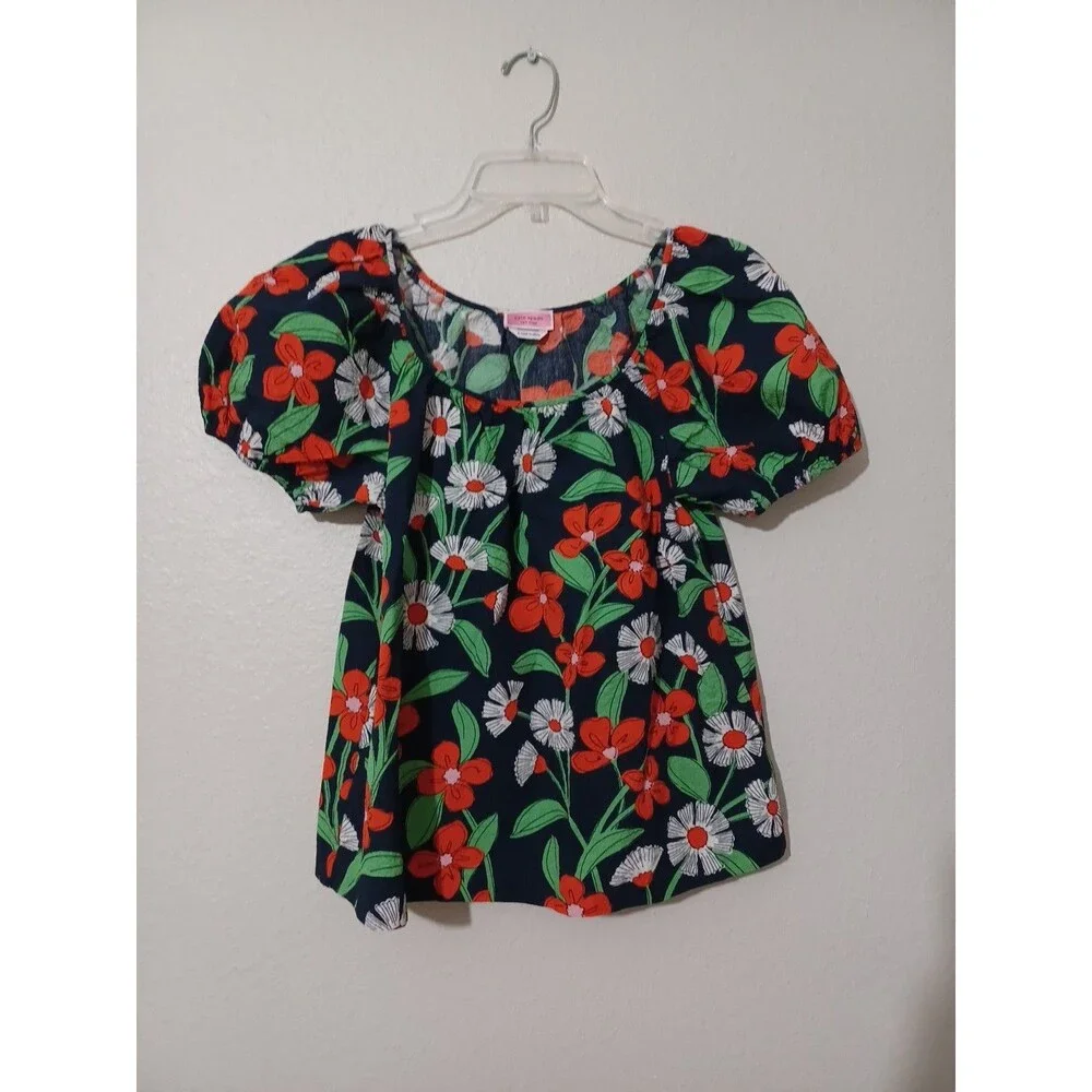 Kate Spade Size Small Daisy Vines Puff Sleeve Blouse Blue Floral Scoop Neck EUC